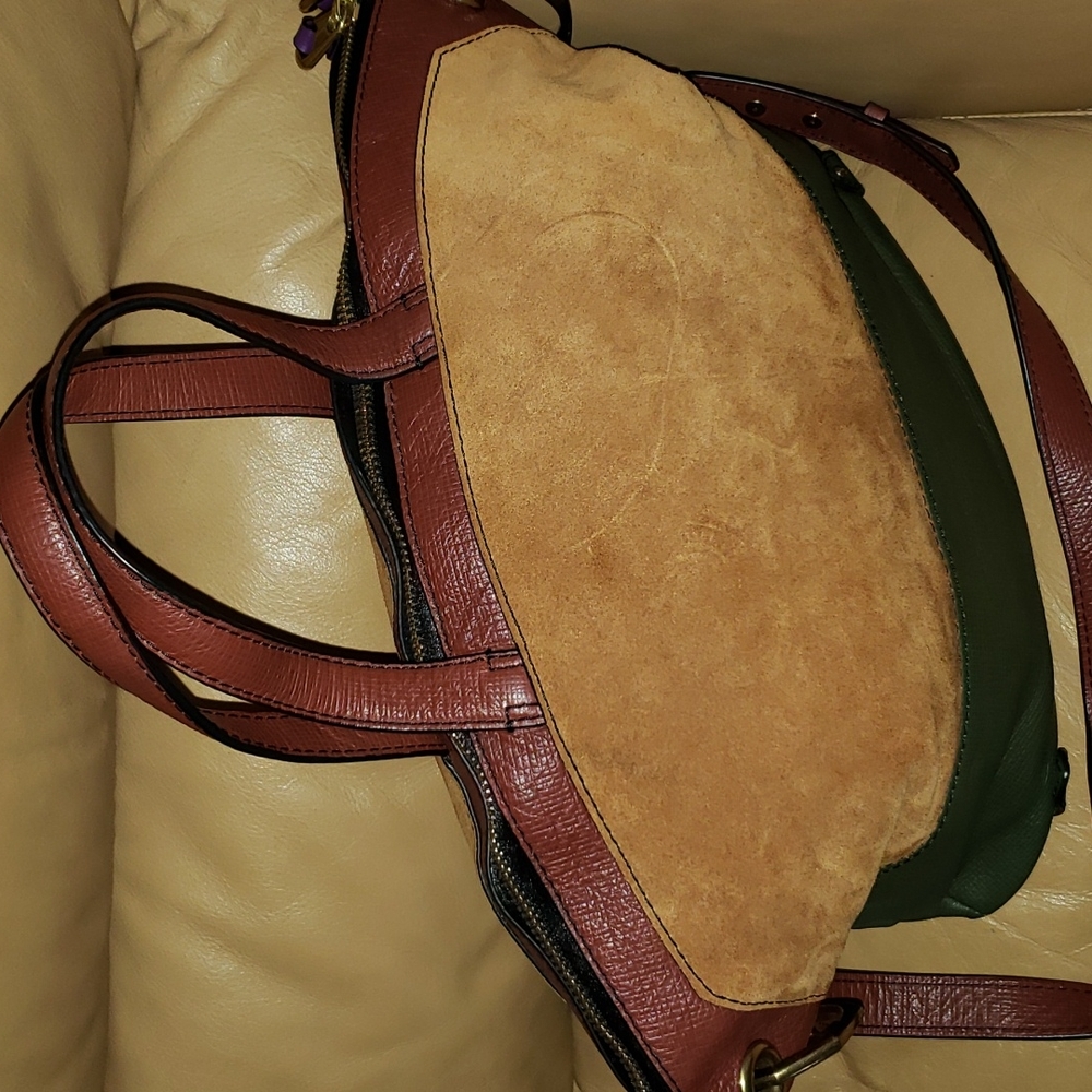 orYANY Suede and Leather Colorblock Satchel in Tan, Brown, and Green - Picture 5 of 13